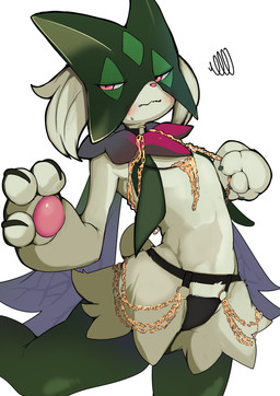 3_fingers ambiguous_gender anthro black_clothing black_lingerie blush chain claws clothing egyptian egyptian_clothing finger_claws fingers flower_(anatomy) fur green_body green_fur lingerie mask pawpads paws pink_eyes pink_nose simple_background solo white_background katakoto_tktk nintendo pokemon generation_9_pokemon meowscarada pokemon_(species) 2026 absurd_res hi_res