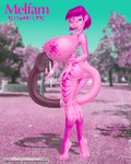 anthro big_breasts breasts female genitals hooves humanoid_pointy_ears long_tail markings multi_nipple nipples penis pink_body pointy_ears solo stripes tail tail_genitals tail_penis text unusual_anatomy unusual_genitalia_placement unusual_penis_placement unusual_tail doug_winger alien humanoid 2002 english_text