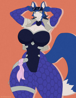anthro big_breasts black_nose blue_body blue_eyes blue_fur breasts camel_toe claws cleavage_cutout clothing colored_nails countershade_torso countershading curvy_figure cutout dipstick_tail ear_piercing ear_ring eyewear eyewear_on_head fangs female fur high_collar hourglass_figure jacket leotard markings nails navel navel_outline pattern_clothing piercing pointy_ears red_claws ring_piercing short_sleeves simple_background small_waist smile smiling_at_viewer soft_abs solo sunglasses sunglasses_on_head tail tail_markings teeth thick_thighs tight_clothing topwear wearing_sunglasses white_body white_fur hiverdose nintendo star_fox krystal_(star_fox) canid canine fox mammal digital_media_(artwork) hi_res