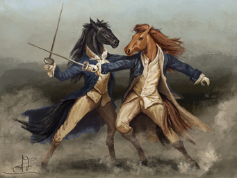 anthro black_body black_eyes black_fur black_hair bottomwear brown_body brown_eyes brown_fur brown_hair clothed clothing coat duo fight fingers fur gloves hair handwear holding_object holding_weapon hooves long_hair male mane melee_weapon pants shirt simple_background standing sword topwear weapon white_bottomwear white_clothing white_handwear white_pants white_shirt white_topwear autumnflame equid equine horse mammal digital_media_(artwork) digital_painting_(artwork) hi_res painting_(artwork) signature