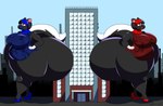 anthro big_butt black_body black_fur black_nose blue_eyes building butt city city_background cityscape dichromatic_eyes female fur huge_butt hyper hyper_butt macro red_eyes skyscraper stripes symmetrical_drawing symmetry white_stripes dirtymac mammal mephitid skunk absurd_res hi_res