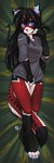 2018 4_toes 5_fingers android anthro ara_(fluff-kevlar) barefoot black_body black_fur black_hair black_nose blue_eyes blue_pawpads breasts claws clothed clothing conditional_dnp dakimakura dakimakura_design detailed_background digital_media_(artwork) digitigrade domestic_cat exposure_variation feet felid feline felis female fingers fluff-kevlar fur glowing hair looking_at_viewer lying machine mammal multicolored_body multicolored_fur pawpads red_body red_fur robot shy smile solo toes white_body white_fur