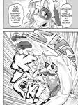 action_pose anthro bovid bovine breasts cattle cheetah cleavage clothed clothing comic daigaijin dialogue dress duo ellipsis english_text felid feline female furryfight_chronicles hi_res horn jewelry jowdie_(furryfight_chronicles) kick mammal monochrome nyarai_(furryfight_chronicles) panties pose speech_bubble text underwear upskirt
