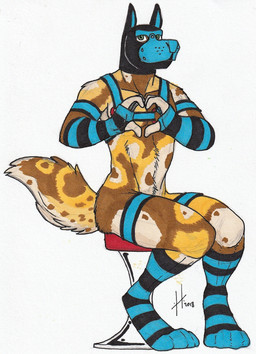 animal_mask anthro armwear athletic athletic_anthro athletic_male black_armwear black_clothing black_harness black_legwear blue_armwear blue_clothing blue_harness blue_legwear brown_body brown_fur brown_tail chair clothing fur furniture gesture green_eyes harness heart_gesture legwear looking_at_viewer male male_anthro mask pattern_armwear pattern_clothing pattern_legwear pup_mask simple_background sitting solo striped_armwear striped_clothing striped_legwear stripes tail tan_body tan_fur tan_tail wearing_mask white_background yellow_body yellow_fur yellow_tail hufnaar ambiguous_species 2018 dated hi_res