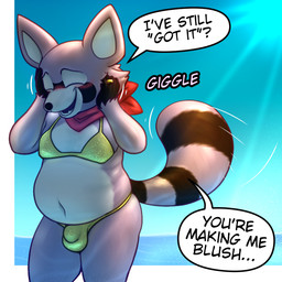ascot beach bikini blush bulge clothed clothing crossdressing male moobs overweight ring solo swimwear two-piece_swimsuit trashbadger golden_week indigo_park rambley_raccoon mammal procyonid raccoon 1:1