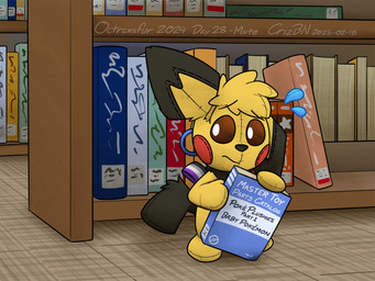 ambiguous_gender asexual_pride_colors black_tail bodily_fluids book bookshelf cheek_pouches eyebrows feral furniture holding_book holding_object lgbt_pride library looking_back multicolored_body plushie pride_colors solo standing stitch_(sewing) sweat sweatdrop tail text two_tone_body yellow_body crizbn nintendo pokemon chris_(crizbn) animate_inanimate generation_2_pokemon living_plushie pichu pokemon_(species) 2025 4:3 english_text signature