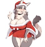 anthro big_breasts breasts brown_body brown_fur christmas_clothing christmas_headwear cleavage clothed clothing countershading female fur grey_body grey_fur hair hat headgear headwear holidays huge_breasts santa_hat simple_background solo cervina7_(artist) christmas felid feline mammal absurd_res hi_res