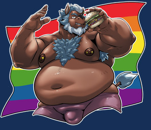 anthro armpit_hair belly body_hair bulge burger chest_hair food lgbt_pride male moobs nipple_piercing nipples overweight overweight_anthro overweight_male piercing pride_colors rainbow_flag rainbow_pride_flag rainbow_symbol solo markwulfgar lgbt_pride_month mordechai mammal rhinoceros 2026 absurd_res alpha_channel hi_res