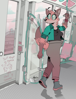 anthro biped city city_background clothed clothing female fully_clothed solo standing train vehicle romecartoons canid canine fox mammal absurd_res hi_res trans_(lore)