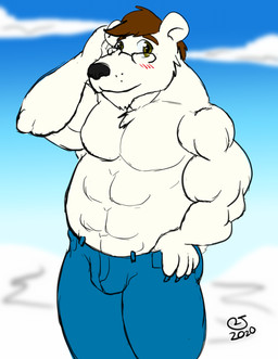 abs anthro bottomwear clothing cloud eyewear glasses hair looking_at_viewer male muscular pants sky solo caseyljones bear mammal polar_bear ursine