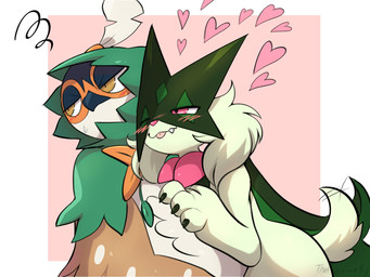3_fingers ambiguous_gender anthro beak blush blush_lines brown_body brown_eyes brown_feathers claws cute_fangs duo fangs feathers finger_claws fingers flower_(anatomy) green_body green_feathers green_tail heart_symbol mask pink_eyes pink_nose tail tail_motion tailwag teeth tongue tongue_out white_body white_feathers thatsquirrelly nintendo pokemon decidueye generation_7_pokemon generation_9_pokemon meowscarada pokemon_(species) 4:3 hi_res