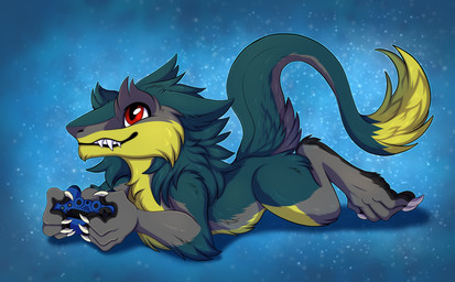 anthro chibi claws controller fluffy fur game_controller green_body green_fur grey_body grey_fur lying male on_front paws red_eyes smile solo tail yellow_body yellow_fur re-re zetsin brom_(sahurus) sergal absurd_res hi_res