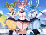 2021 anthro anthrofied big_breasts blue_eyes blush bodily_fluids bottomwear breasts burgerkiss camel_toe canid canine cleavage clothed clothing cloud conditional_dnp day detailed_background dialogue digital_media_(artwork) eevee eeveelution english_text explicitly_stated_consent expression_avatar female fence generation_1_pokemon generation_4_pokemon generation_6_pokemon glaceon group hi_res knee_highs laugh leafeon legwear licking licking_lips looking_at_viewer mammal microskirt miniskirt nintendo nipple_outline outside panties pokemon pokemon_(species) pokemorph red_eyes school_uniform shaded shy skirt sky standing stockings sweat sylveon tail_under_skirt text thick_thighs thigh_gap thigh_highs thong tongue tongue_out trio_focus underwear uniform vee_(burgerkiss) wide_hipped_anthro wide_hipped_female wide_hips