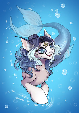 bubble female feral fin hair hooves jewelry long_hair looking_up mermaid_tail open_mouth solo split_form swimming underwater water stirren keto_(rrusha) aquatic merfolk merpony hi_res