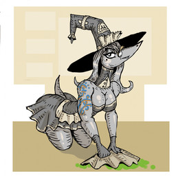 all_fours anthro arm_tattoo border breasts cleaning cleavage clothed clothed_anthro clothed_female clothing eyelashes eyewear female glasses glistening glistening_breasts gloves grey_body grey_clothing grey_hair grey_tail hair handwear hat headgear headwear kneeling long_hair looking_at_viewer maid_uniform medium_breasts mole_under_eye muscular muscular_arms seductive shirt_collar short_tail simple_background solo tail tattoo three-quarter_view uniform wearing_glasses white_border witch_hat zhmernalt steamfalish_witch 1:1 2026 digital_drawing_(artwork) digital_media_(artwork) hi_res