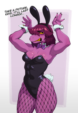 5_fingers abs anthro blush blush_lines bow_tie breasts bunny_costume cartoon_freckles cleavage clothed clothing collar costume eyebrows fake_ears fake_rabbit_ears female fingers fishnet_clothing fishnet_legwear fishnet_pantyhose freckled_face freckles glistening glistening_breasts hair hands_above_head legwear leotard long_hair looking_at_viewer medium_breasts muscular muscular_anthro muscular_female non-mammal_breasts pantyhose purple_body purple_hair sharp_teeth shirt_cuffs solo standing teeth thick_thighs wide_hips demidoggo deltarune undertale_(series) susie_(deltarune) lizard reptile scalie hi_res portrait three-quarter_portrait