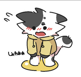 anthro bent_legs blush blush_lines bodily_fluids clothing drawstring_topwear drawstrings fur genital_fluids grey_body grey_ear_tips grey_fur grey_hands hoodie male multicolored_body multicolored_fur omorashi open_mouth peeing simple_background solo tail text topwear two_tone_body two_tone_fur urine urine_on_ground urine_pool urine_stream white_background white_body white_ears white_fur white_tail yellow_clothing yellow_hoodie yellow_topwear young ranshinumeda334 zelnodo domestic_cat felid feline felis mammal 2025 japanese_text sketch