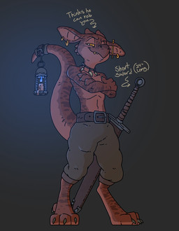 anthro candle clothed clothing ear_piercing ear_ring fantasy gold_(metal) gold_tooth jewelry lamp lantern looking_at_viewer male male_anthro melee_weapon necklace piercing red_body ring_piercing smug solo sword tail text topless topless_anthro topless_male weapon yellow_eyes armus_(artist) kobold scalie english_text hi_res