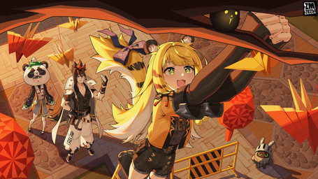 accessory animal_ears asian_clothing belt bent_legs black_bottomwear black_clothing black_hair black_shorts blonde_hair bottomwear chinese_clothing clothed clothing collared_shirt dress_shirt east_asian_clothing fangs female fluffy_ears furgonomics green_eyes grey_dress_shirt hair highlights_(coloring) jacket long_hair male markings open_clothing open_jacket open_mouth open_topwear raised_arms raised_tail ribbons shirt shorts sparkles sparkling_eyes striped_hair striped_markings striped_tail stripes tail tail_accessory tail_markings tail_ribbon teeth topwear two_tone_tail white_hair yellow_clothing yellow_jacket_(clothing) yellow_topwear zm-w mihoyo zenless_zone_zero anton_ivanov belle_(zenless_zone_zero) ju_fufu qingming_(zzz) animal_humanoid bangboo felid felid_humanoid human humanoid mammal mammal_humanoid pantherine pantherine_humanoid thiren tiger_humanoid 16:9 absurd_res hi_res widescreen