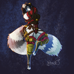anthro belt belt_buckle black_hair blue_eyes buckle clothing cosplay female female_anthro fluffy fluffy_tail fur grey_body grey_fur hair jacket straps tail thick_thighs topwear nebula_goldenstar cyberconnect2 fuga:_melodies_of_steel little_tail_bronx tiere_(fuga) ailurid mammal red_panda 1:1 absurd_res hi_res