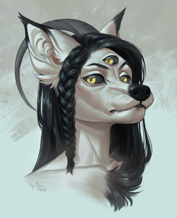1_horn 3_eyes anthro black_hair black_nose black_sclera chest_tuft female fur grey_horn hair horn looking_at_viewer mouth_closed multi_eye simple_background solo tuft white_body white_fur yellow_eyes marie_merkh canid mammal bust_portrait hi_res portrait signature