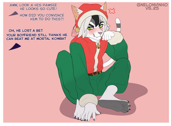 angry anthro barefoot blush border christmas_clothing christmas_headwear clothing dialogue embarrassed feet grumpy hat headgear headwear holidays humanoid_feet male offscreen_character plantigrade santa_hat solo teasing text white_border melonvino christmas fordlorn_(melonvino) norrigan_(melonvino) zeph_(melonvino) domestic_cat felid feline felis mammal english_text hi_res