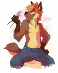 anthro biped black_nose bottomwear brown_claws brown_nose chopsticks claws clothed clothing denim denim_bottomwear denim_clothing eating food hair hand_on_hip holding_food holding_object jeans leg_markings male markings orange_hair pants simple_background sitting smile socks_(marking) solo sushi tail topless white_background super-tuler canid canine canis domestic_dog mammal 4:5 hi_res