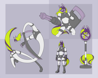 anthro ballistic_shield blade_arm boots clothing elastic fingerless_gloves footwear full_body_suit gatling_gun gloves green_eyes green_hair green_tail gun gun_arm hair handwear inanimate_transformation machine_gun male minigun multicolored_hair open_mouth pointy_ears purple_body purple_hair ranged_weapon shoes signpost solo tail transformation two_tone_hair two_tone_tail weapon weapon_arm dlrowdog fenrir_(dlrowdog) canid canine mammal 5:4 absurd_res hi_res