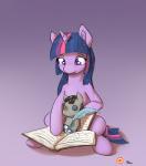 book female fur hair horn loose_feather multicolored_hair open_mouth plushie purple_body purple_eyes purple_fur purple_hair quill reading sitting solo two_tone_hair alasou friendship_is_magic hasbro my_little_pony mythology smartypants_(mlp) twilight_sparkle_(mlp) equid equine mammal mythological_creature mythological_equine unicorn 2015 hi_res