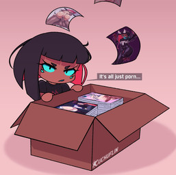4_eyes biped black_hair blue_eyes box brown_body brown_skin cardboard cardboard_box clothed clothed_humanoid clothed_male clothing container dialogue frown hair kneeling long_hair looking_at_viewer magazine male male_humanoid multi_eye not_furry paper pink_background porn_magazine pornography simple_background solo speech_bubble talking_to_viewer text three-quarter_view cuchuflin marvel andre_(cuchuflin) venom_(marvel) humanoid 2026 artist_name digital_drawing_(artwork) digital_media_(artwork) english_text hi_res