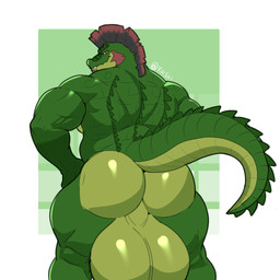 anthro balls beard big_balls big_butt butt facial_hair genitals green_body hair huge_balls huge_butt hyper hyper_balls hyper_genitalia male musclegut muscular rear_view simple_background solo tail thick_thighs white_background yaiski invader_(invaderthegator) alligator alligatorid crocodilian reptile scalie 1:1 cel_shading hi_res shaded signature
