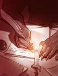 ambiguous_gender ambiguous_species anthro book candle candlelight close-up desk digital_media_(artwork) furlana furniture hi_res inside light loose_feather nude quill shaded solo table thane_caerulea/the_tower_(teryte_chronicles) writing_utensil