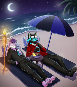 4_toes 5_toes anthro anthro_on_anthro athletic barefoot beach beverage black_ears black_hair black_pawpads blue_body blue_fur bottomwear butt cheek_tuft claws clothing duo facial_tuft feet fluffy fluffy_ears fluffy_tail food fruit fur fuzzy grey_eyes hair juice_(beverage) light long_legs male male/male mohawk moon moonlight nails pawpads paws pink_pawpads plant plantigrade purple_body purple_hair red_clothing red_nose sea shirt size_difference soles tail tight_bottomwear tight_clothing toe_claws toes topwear tuft water white_body white_fur yellow_eyes takashi_heroshi laone_torelles nicolas_delgado canid canine canis coyote domestic_dog fox german_shepherd herding_dog husky hybrid lagomorph leporid mammal maned_wolf nordic_sled_dog pastoral_dog rabbit spitz hi_res