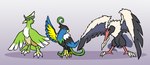 ambiguous_gender avian_feet beak black_eyes blue_body feathered_wings feathers green_body group multicolored_body pink_eyes tail trio wings gharug fakemon nintendo pokemon pokemon_reloaded betearow chartfortt harfetch'd pokemon_(species)