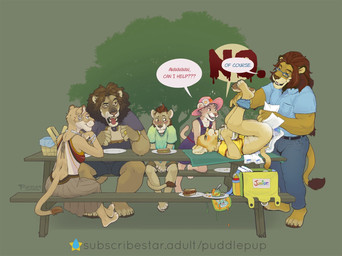 anthro being_watched bodily_fluids diaper diaper_change disgust disgusted_face embarrassed female genital_fluids group holding_diaper looking_at_another lunch male open_diaper touching_diaper unclean_diaper urine used_diaper wet_diaper young young_female young_male puddlepup junior_(puddlepup) liondad_(puddlepup) felid lion mammal pantherine hi_res aunt_(lore) aunt_and_nephew_(lore) cousins_(lore) father_(lore) father_and_child_(lore) father_and_son_(lore) nephew_(lore) parent_(lore) parent_and_child_(lore) parent_and_son_(lore) sibling_(lore) son_(lore) uncle_(lore) uncle_and_nephew_(lore)