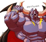 abs biceps cape clothing horn male muscular muscular_humanoid muscular_male pecs purple_body solo tusks wristband yongdasom biceptember disgaea nippon_ichi_software baal_(disgaea) demon humanoid hi_res