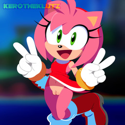 accident accidental_exposure anthro clothed clothing female fur genitals gesture gloves green_eyes hair hand_gesture handwear looking_at_viewer no_underwear oblivious open_mouth pink_body posing_for_picture simple_background smile solo tail text topwear v_sign kerotheklutz sega sonic_the_hedgehog_(series) amy_rose eulipotyphlan hedgehog mammal 1:1 absurd_res digital_media_(artwork) english_text hi_res watermark