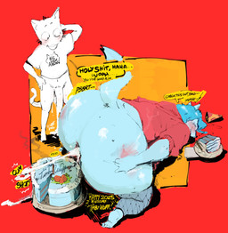 after_anal after_sex anthro big_butt blue_body blue_hair blush bodily_fluids bottom_heavy butt cake cake_slice chubby_girly clothing cum cum_drip cum_fart cum_on_food dessert dialogue dripping duo fishnet_clothing fishnet_legwear food genital_fluids hair hand_print hat headgear headwear huge_butt jacket legwear looking_at_butt male male/male overweight overweight_anthro overweight_male party_hat sound_effects speech_bubble text thick_thighs topwear vowelless vowelless_sound_effect wide_hips neato5 anon timbywuff canid canine canis mammal wolf 2025 absurd_res english_text hi_res
