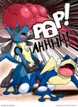 anal anal_knotting anal_penetration anthro anus balls blue_balls blue_body colored comic dialogue duo english_text erection fur gaping gaping_anus generation_4_pokemon generation_6_pokemon genitals greninja heart_symbol hi_res kivwolf knot knotting lucario male male/male male_penetrated male_penetrating male_penetrating_male nintendo open_mouth outside penetration penis pokemon pokemon_(species) red_eyes redoxx sex shocked text third-party_edit url