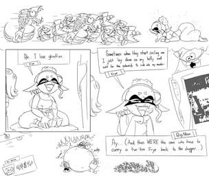 belly big_belly female group huge_belly hyper hyper_belly male overweight simple_background text vore white_background blahblah866 nintendo splatoon big_man_(splatoon) frye_(splatoon) shiver_(splatoon) aquatic cephalopod fish glowflies_(splatoon) inkling manta_ray mollusk ray_(fish) salmonid_(splatoon) 2023 comic english_text hi_res monochrome