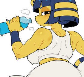 blue_hair bodily_fluids bottle bottomwear breasts butt clothing container female fingernails frown hair half-closed_eyes looking_at_viewer looking_back markings nails narrowed_eyes pants shirt simple_background solo sweat sweatpants tail tank_top thick_thighs topwear water_bottle white_clothing white_shirt white_tank_top white_topwear workout_clothing yellow_body bingbingzi animal_crossing nintendo ankha_(animal_crossing) felid feline mammal hi_res