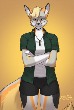 anthro arm_markings arm_tuft biped black_body black_bottomwear black_clothing black_ear_tips black_eyebrows black_fur black_legs black_markings black_nose black_shorts blonde_hair bottomwear breasts brown_background brown_jewelry brown_necklace cheek_tuft closed_smile clothed clothed_anthro clothed_female clothing collared_shirt colored_nails countershade_face countershade_fur countershade_legs countershade_neck countershade_tail countershade_torso countershading crossed_arms dipstick_ears dress_shirt ear_markings elbow_markings elbow_tuft eyebrow_through_hair eyebrows eyelashes eyewear facial_markings facial_tuft female female_anthro fingernails fingers front_view fully_clothed fully_clothed_anthro fully_clothed_female fur fur_markings fur_tuft glasses gloves_(marking) gradient_background green_clothing green_shirt green_topwear grey_arms grey_body grey_fur grey_legs grey_tail grey_tuft hair head_markings hotpants humanoid_hands iris jewelry leg_markings long_tail looking_at_viewer markings medium_breasts monotone_bottomwear monotone_clothing monotone_hair monotone_shirt monotone_shorts monotone_topwear mouth_closed multicolored_arms multicolored_body multicolored_ears multicolored_fur multicolored_legs multicolored_tail nails necklace open_clothing open_shirt open_topwear orange_arms orange_body orange_ears orange_eyes orange_fur orange_legs orange_markings orange_tail orange_tuft pupils rectangular_glasses shirt short_hair shorts simple_background slight_smile smile smiling_at_viewer solo spandex spandex_shorts standing tail text tight_bottomwear tight_clothing tight_shorts topwear translucent translucent_hair tuft undershirt wearing_glasses white_arms white_body white_clothing white_countershading white_fingernails white_fur white_hands white_inner_ear white_legs white_markings white_nails white_sclera white_shirt white_topwear white_tuft yellow_arms yellow_background yellow_body yellow_countershading yellow_fur yellow_markings yellow_tail kittydee canid canine fox mammal 2026 artist_name dated digital_drawing_(artwork) digital_media_(artwork) hi_res portrait shaded three-quarter_portrait