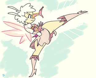 5_fingers antennae_(anatomy) anthro black_eyebrows boots breasts clothing determined dress eyebrows eyelashes female female_anthro fingers footwear gloves green_eyes hair handwear high_heeled_boots high_heels humanoid_hands insect_wings kick logo medium_breasts mouth_closed multicolored_clothing multicolored_dress on_one_leg pink_boots pink_clothing pink_dress pink_footwear pink_gloves pink_handwear pink_wings shoes short_hair side_view snout solo standing tan_body tan_skin two_tone_clothing two_tone_dress white_antennae white_clothing white_dress white_hair wings roger_bacon candy_tail bovid caprine domestic_sheep fairy mammal sheep 2025 absurd_res artist_logo hi_res
