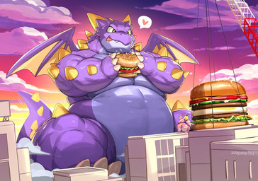 anthro belly blonde_hair building burger city cloud crane_(machine) dragon_wings duo food giant_food hair heart_symbol holding_food holding_object horn macro male orange_eyes pink_body purple_body rear_view sky skyscape sunset tail tongue wings yellow_horn kitora mcdonald's mythology doragon_ryuu kitora_(character) dragon mythological_creature mythological_scalie scalie 2025 hi_res