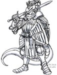 anthro armor belt clothed clothing fully_clothed holding_melee_weapon holding_object holding_sword holding_weapon male melee_weapon shield simple_background solo standing sword weapon white_background thelivingshadow dungeons_and_dragons hasbro wizards_of_the_coast jincrath_talmaar dragonborn_(dnd) scalie 2023 absurd_res hi_res monochrome pen_(artwork) traditional_media_(artwork)