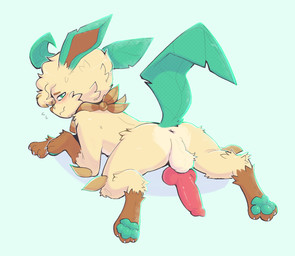 animal_genitalia animal_penis anus balls blush brown_body brown_fur butt canine_genitalia canine_penis erection eyewear feral fur genitals glasses green_pawpads knot leaf leaf_tail looking_back male pawpads paws penis scarf simple_background solo tail tan_body tan_fur white_background gabileafy nintendo pokemon gabi_(gabileafy) eeveelution generation_4_pokemon leafeon pokemon_(species) hi_res
