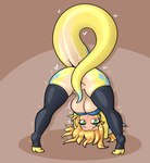 anthro ass_up big_breasts blonde_hair bodily_fluids breasts censored_genitalia censored_pussy clothing convenient_censorship downward_dog female green_eyes hair heart_symbol legwear looking_at_viewer simple_background solo stockings sweat tail tan_body topwear under_boob yellow_body limebreaker mythology ampere_(character) dragon mythological_creature mythological_scalie scalie censored hi_res