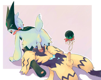 all_fours anthro anthro_on_anthro backsack balls biped bodily_fluids butt duo genital_fluids genitals geometric_background humanoid_genitalia humanoid_penis leaking_precum looking_back lying male male/male male_anthro narrowed_eyes on_back open_mouth penis penis_in_mouth perineum precum simple_background tail tongue trem_trrn nintendo pokemon felid generation_7_pokemon generation_9_pokemon legendary_pokemon mammal meowscarada pokemon_(species) zeraora 2024 hi_res