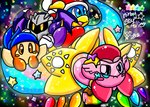 anthro bandanna blue_body blue_eyes brown_body brown_eyes group kerchief male mask pink_body lewdchuu_(artist) kirby_(series) kirby_star_allies nintendo bandana_waddle_dee king_dedede kirby meta_knight avian bird penguin waddle_dee waddling_head hi_res