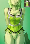 anthro clothed clothing corset female genitals green_body green_hair hair lingerie partially_clothed pubes pussy solo standing topwear conditional_dnp shido-tara cavemanon_studios goodbye_volcano_high snoot_game stella_(gvh) dinosaur ornithischian prehistoric_species reptile scalie stegosaurian stegosaurus thyreophoran hi_res